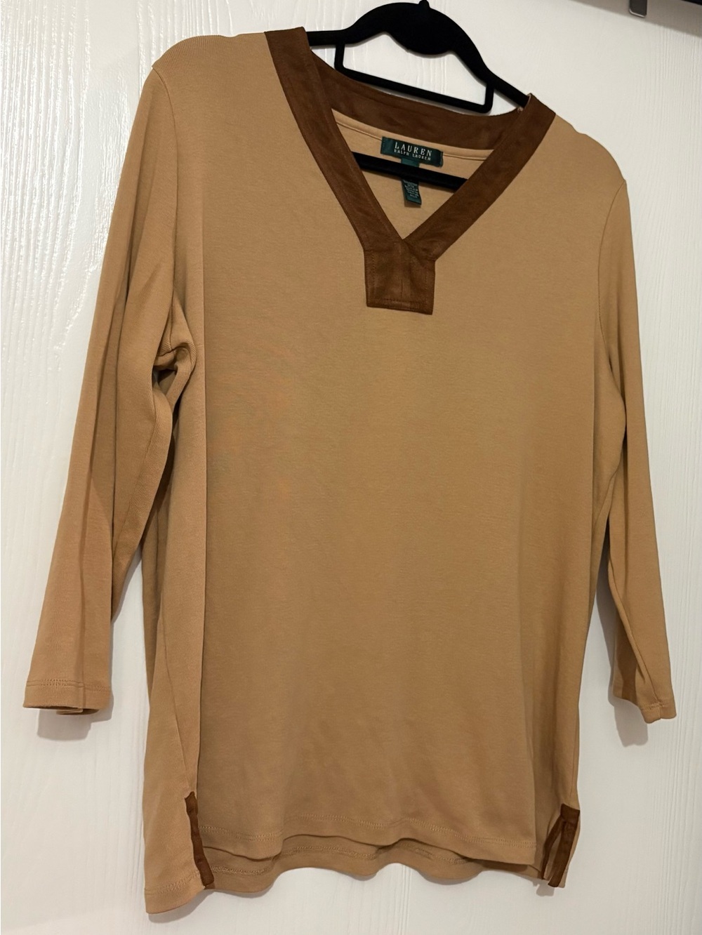 Women’s Ralph Lauren knit top with 3/4 sleeves & faux suede trim 1X